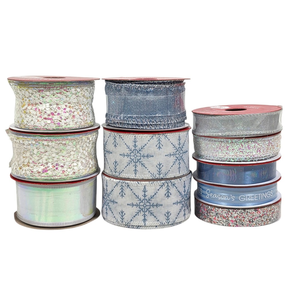 Christmas Ribbon Lot 11 Spools 41 Yds Icy Blue Iridescent Snowflake Wired Winter